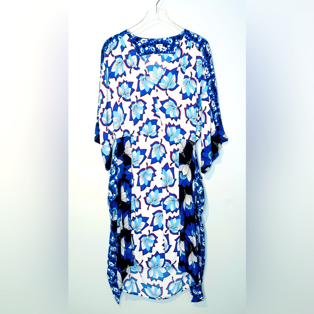 Warm Leaf Kimono Printed Midi Waist Tie Blue White Dress Size 0 - Picture 3 of 16